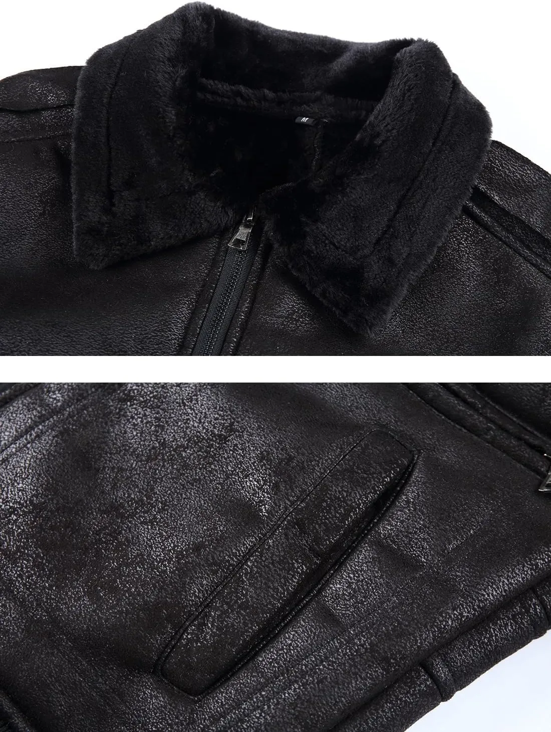 HOOD CREW Mens Faux Fur Leather Jacket Autumn Winter Fleece Lined Coat Vintage Bomber Jacket