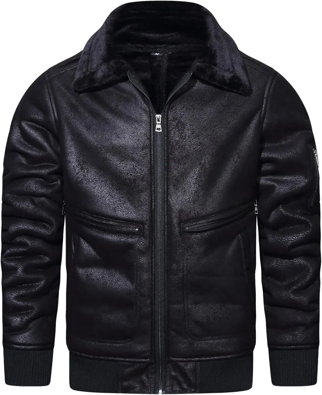 HOOD CREW Mens Faux Fur Leather Jacket Autumn Winter Fleece Lined Coat Vintage Bomber Jacket