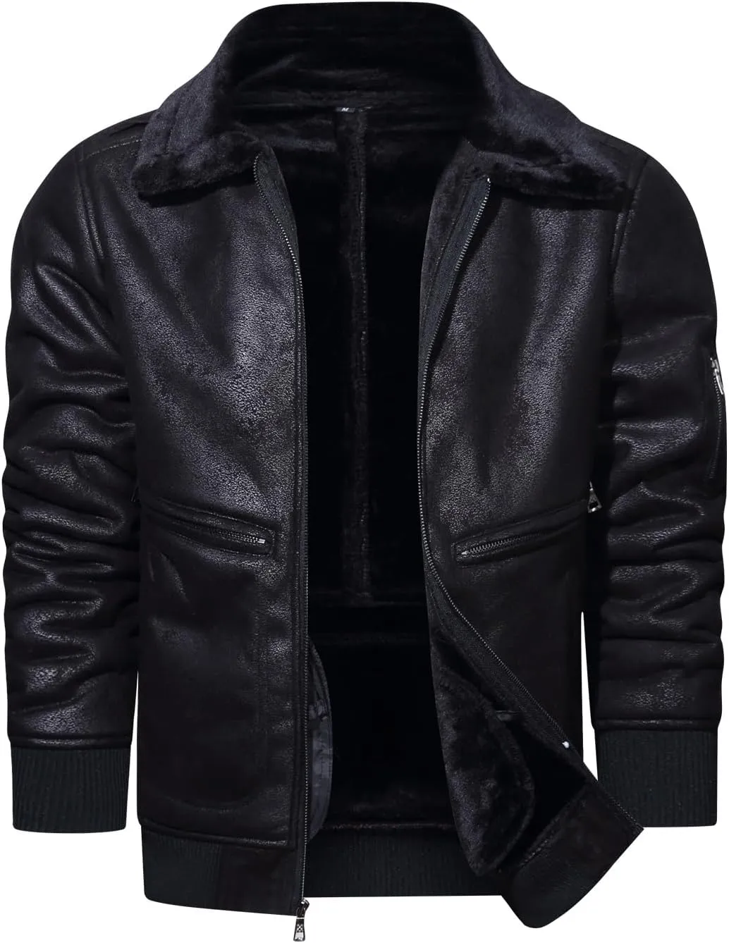 HOOD CREW Mens Faux Fur Leather Jacket Autumn Winter Fleece Lined Coat Vintage Bomber Jacket