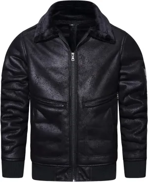 HOOD CREW Mens Faux Fur Leather Jacket Autumn Winter Fleece Lined Coat Vintage Bomber Jacket