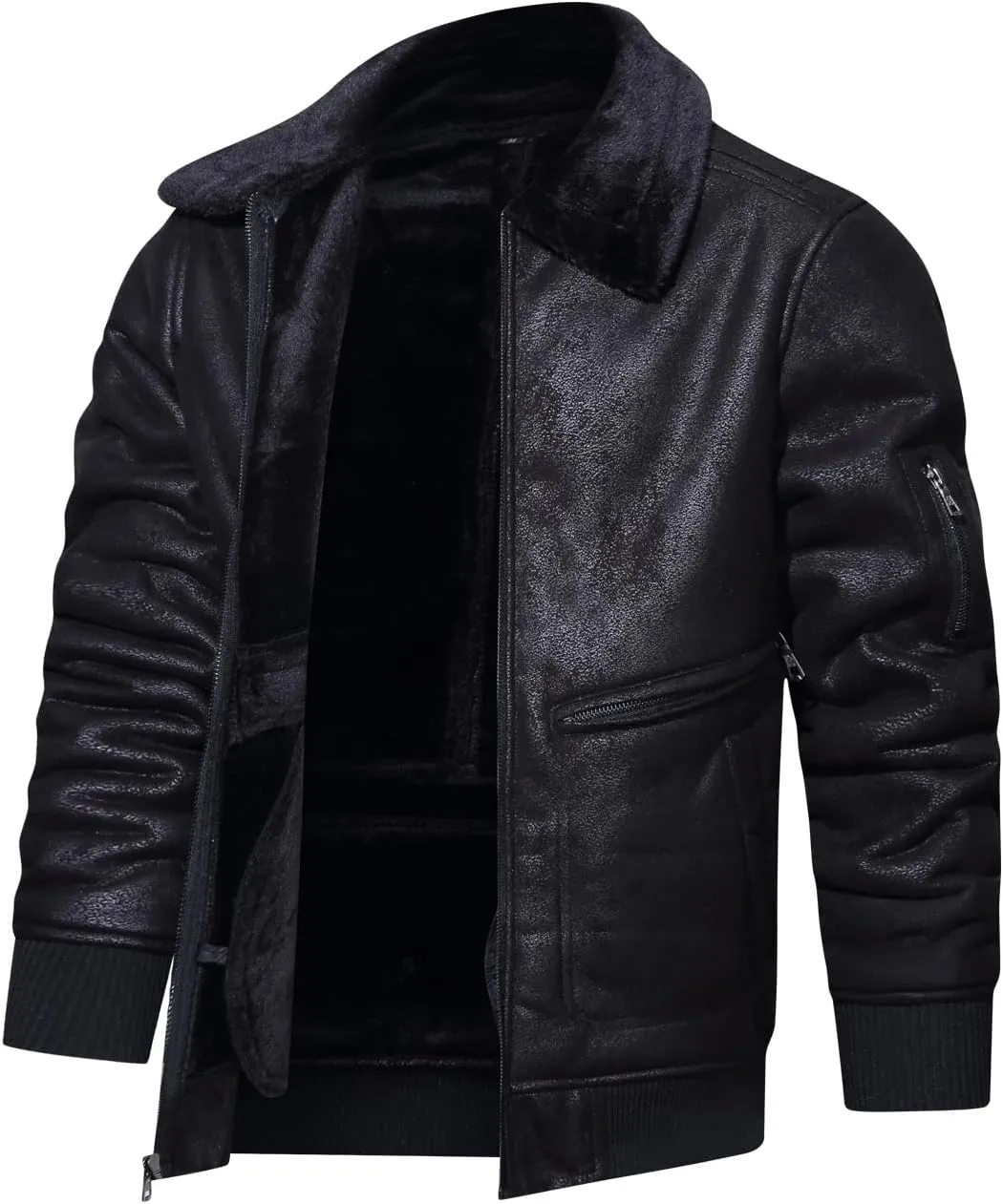HOOD CREW Mens Faux Fur Leather Jacket Autumn Winter Fleece Lined Coat Vintage Bomber Jacket