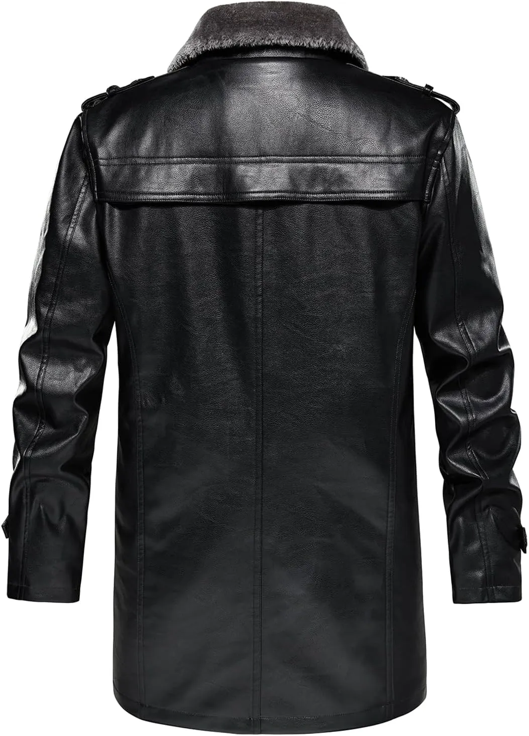 HOOD CREW Mens Leather Jacket Fashion Leather Trench Coat 3/4 Length Casual Winter Faux Fur Coat