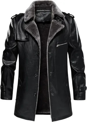 HOOD CREW Mens Leather Jacket Fashion Leather Trench Coat 3/4 Length Casual Winter Faux Fur Coat
