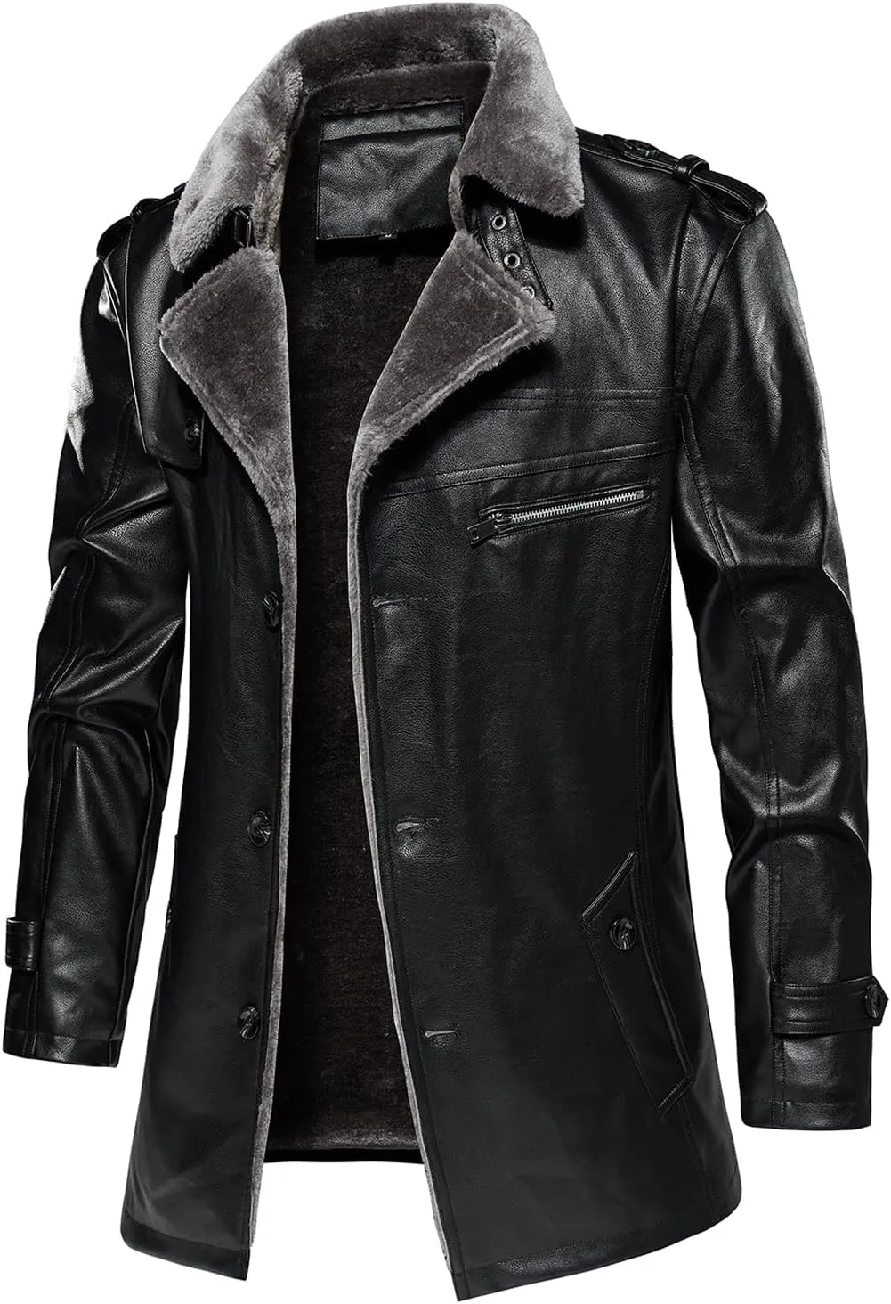 HOOD CREW Mens Leather Jacket Fashion Leather Trench Coat 3/4 Length Casual Winter Faux Fur Coat
