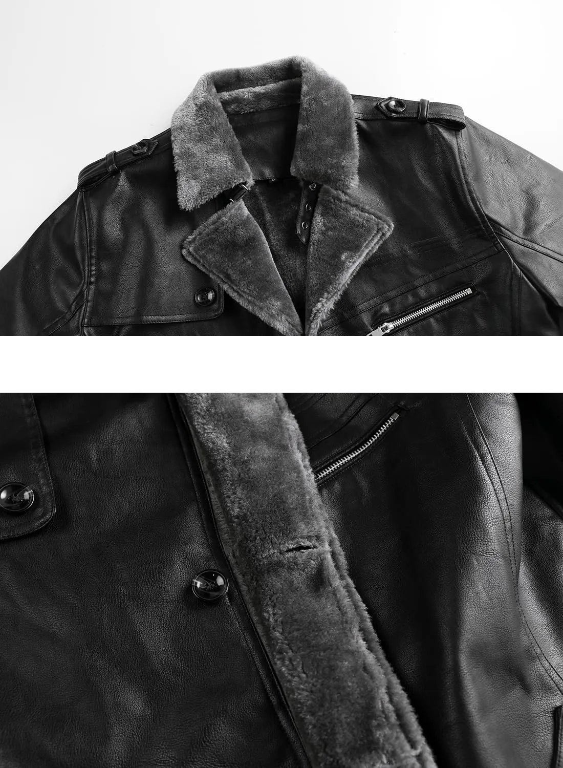 HOOD CREW Mens Leather Jacket Fashion Leather Trench Coat 3/4 Length Casual Winter Faux Fur Coat