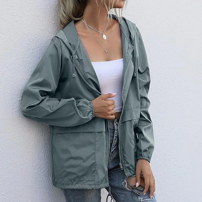 Hooded Rain Jacket For Women Spring Jackets Lightweight Windbreaker Running Jacket Outerwear With Pockets