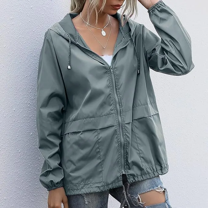 Hooded Rain Jacket For Women Spring Jackets Lightweight Windbreaker Running Jacket Outerwear With Pockets