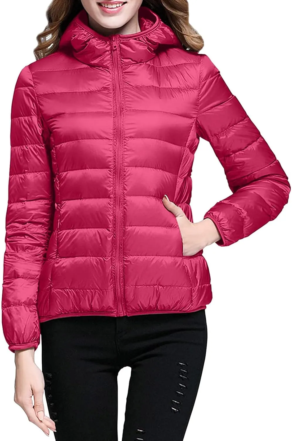 iLH Womens Cotton Padded Lightweight Coat Hooded Turtle Neck Full Zip Windbreaker Jackets For Women Leisure Thermal Coat