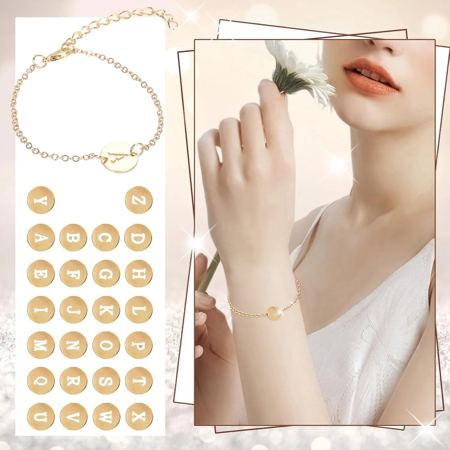 Initial Bracelets for Women - Personalized Gold Bracelets for Women Teen Girls Initial Pearl Bracelets for Girls Gifts Disc Monogram Bracelets Gold Jewelry for Women Teen Girl Gifts