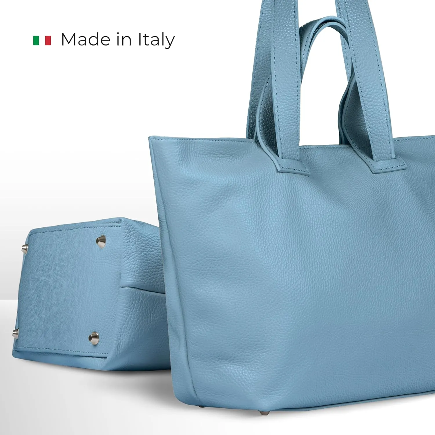 Italian Genuine Calf Leather Tote Satchel Bag for Women with Zipper & Double Straps | Wide Large Work Laptop Shoulder Handbag