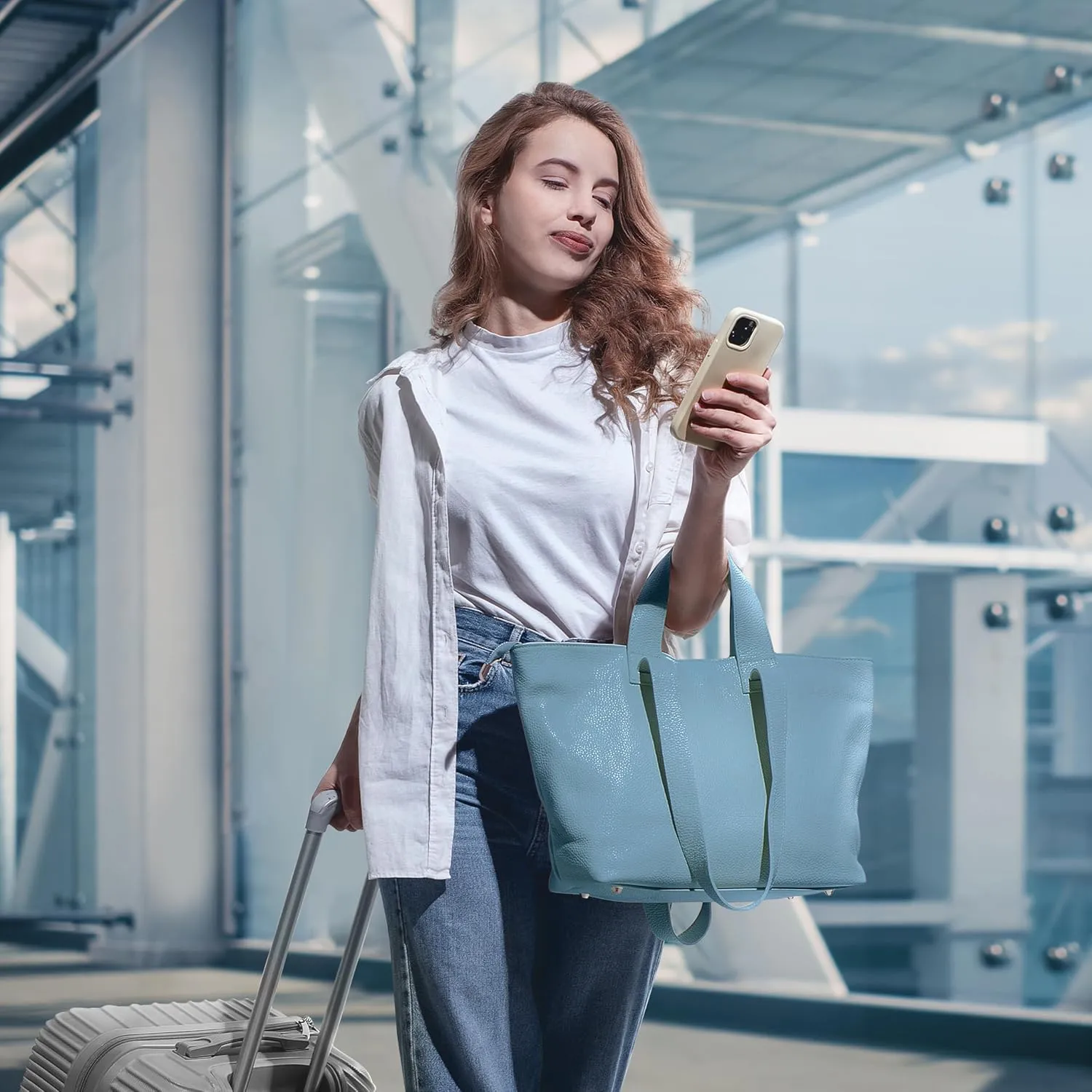Italian Genuine Calf Leather Tote Satchel Bag for Women with Zipper & Double Straps | Wide Large Work Laptop Shoulder Handbag