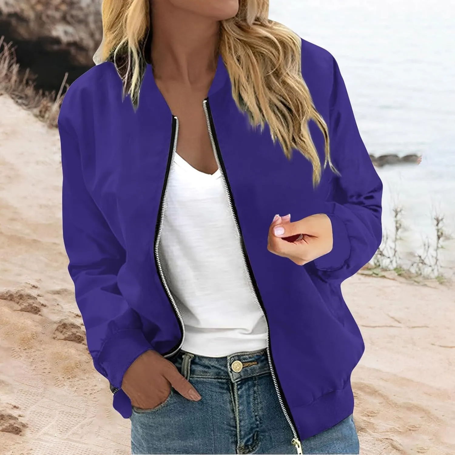 Jackets for Women Lightweight Zip Up Bomber Jacket with Pockets Stand Collar Windproof Outwear Fashion Fall Coat