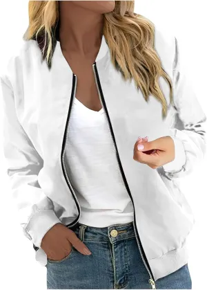 Jackets for Women Lightweight Zip Up Bomber Jacket with Pockets Stand Collar Windproof Outwear Fashion Fall Coat