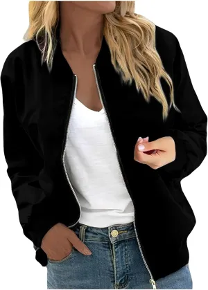 Jackets for Women Lightweight Zip Up Bomber Jacket with Pockets Stand Collar Windproof Outwear Fashion Fall Coat