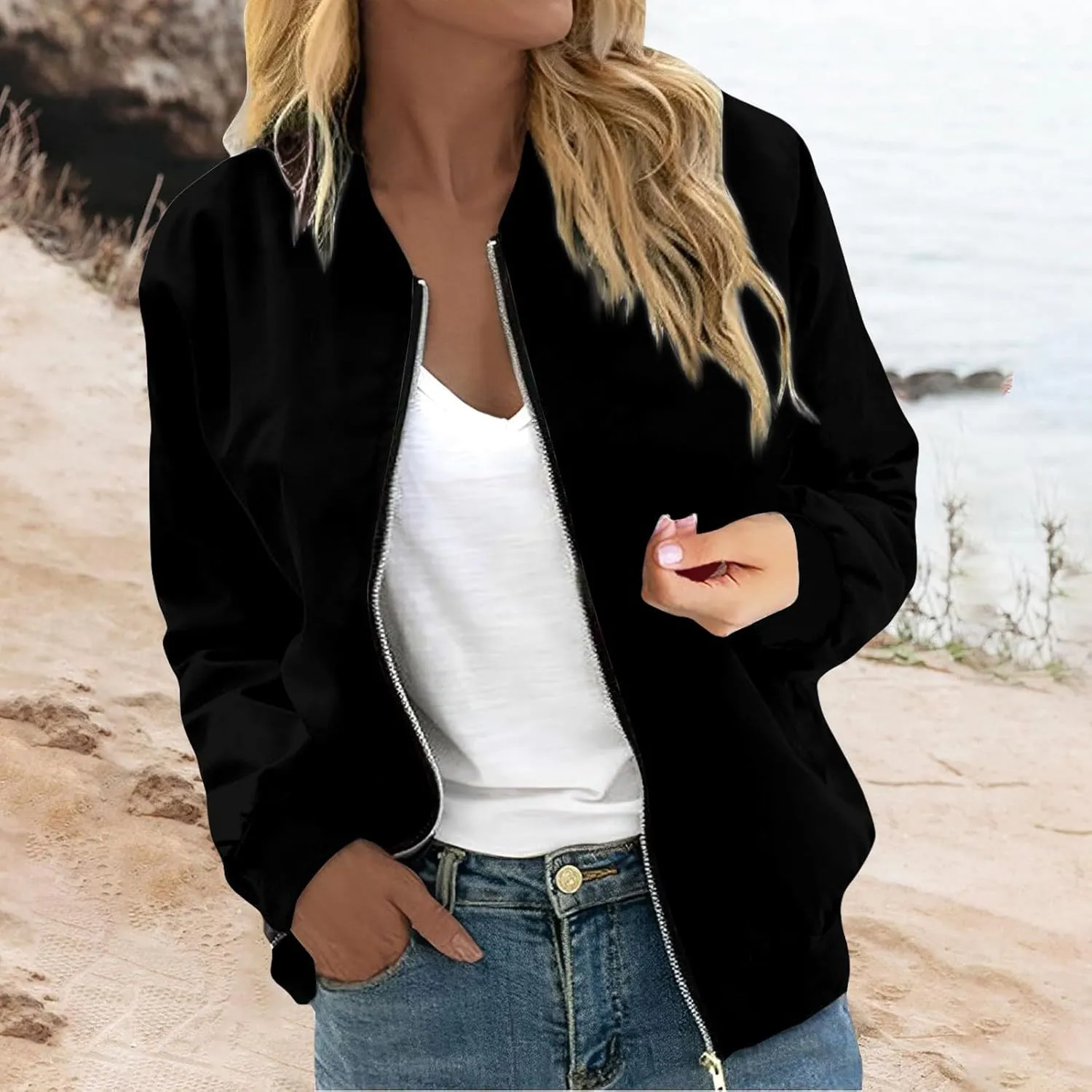 Jackets for Women Lightweight Zip Up Bomber Jacket with Pockets Stand Collar Windproof Outwear Fashion Fall Coat