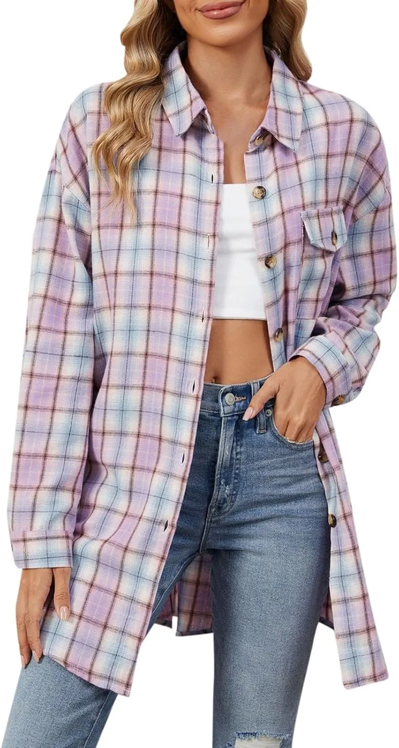 Jackets for Women Plaid Shacket Flannel Shirt Women Fashion Casual Plaid Shackets Button Down Long Sleeve Shirts