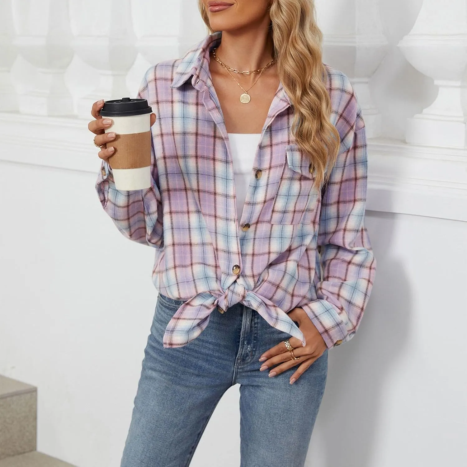 Jackets for Women Plaid Shacket Flannel Shirt Women Fashion Casual Plaid Shackets Button Down Long Sleeve Shirts