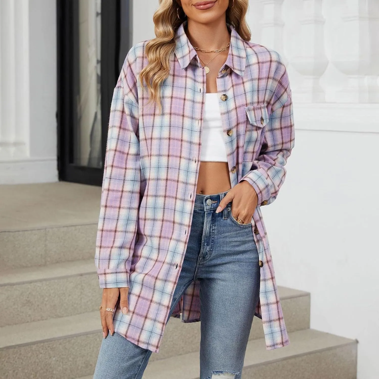 Jackets for Women Plaid Shacket Flannel Shirt Women Fashion Casual Plaid Shackets Button Down Long Sleeve Shirts