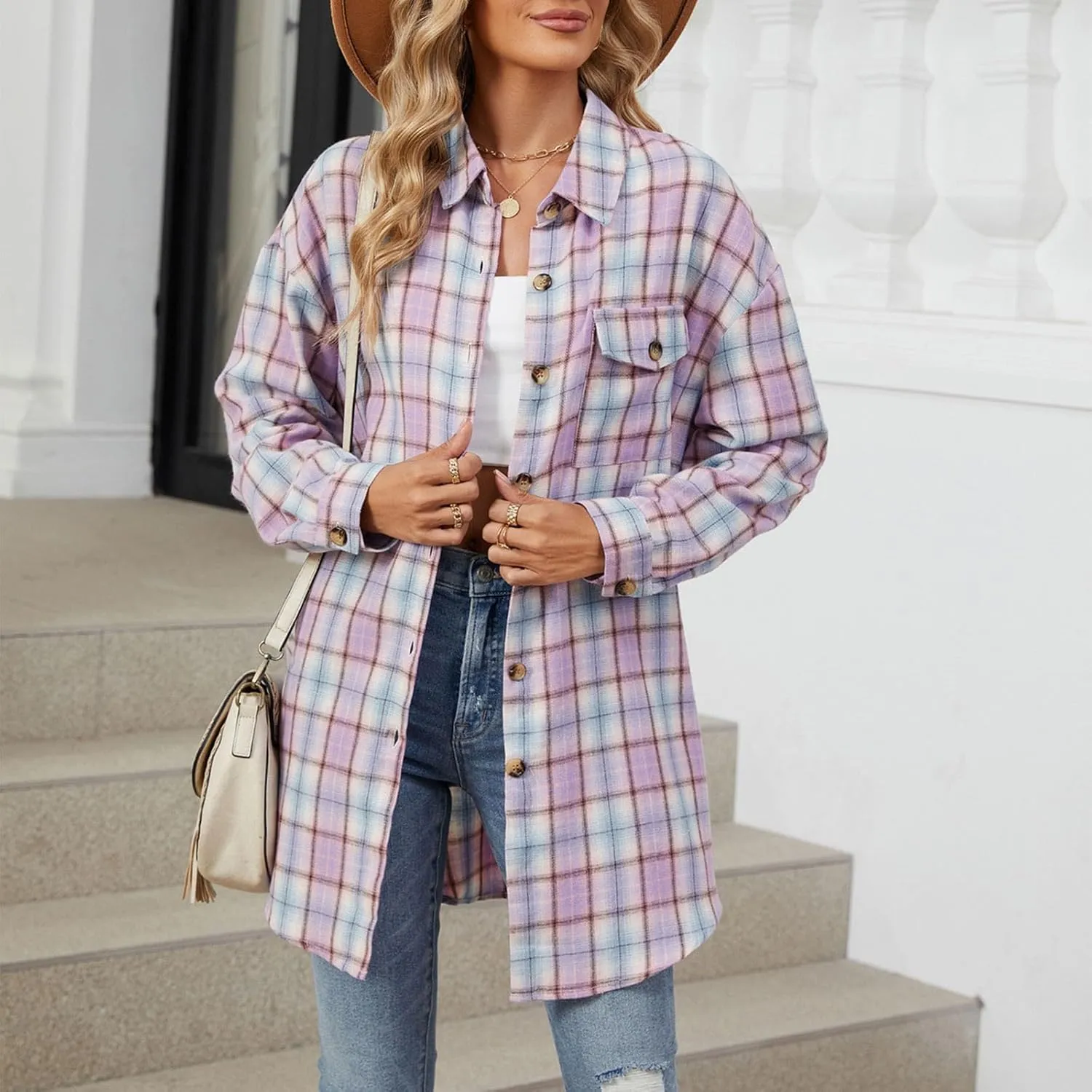Jackets for Women Plaid Shacket Flannel Shirt Women Fashion Casual Plaid Shackets Button Down Long Sleeve Shirts