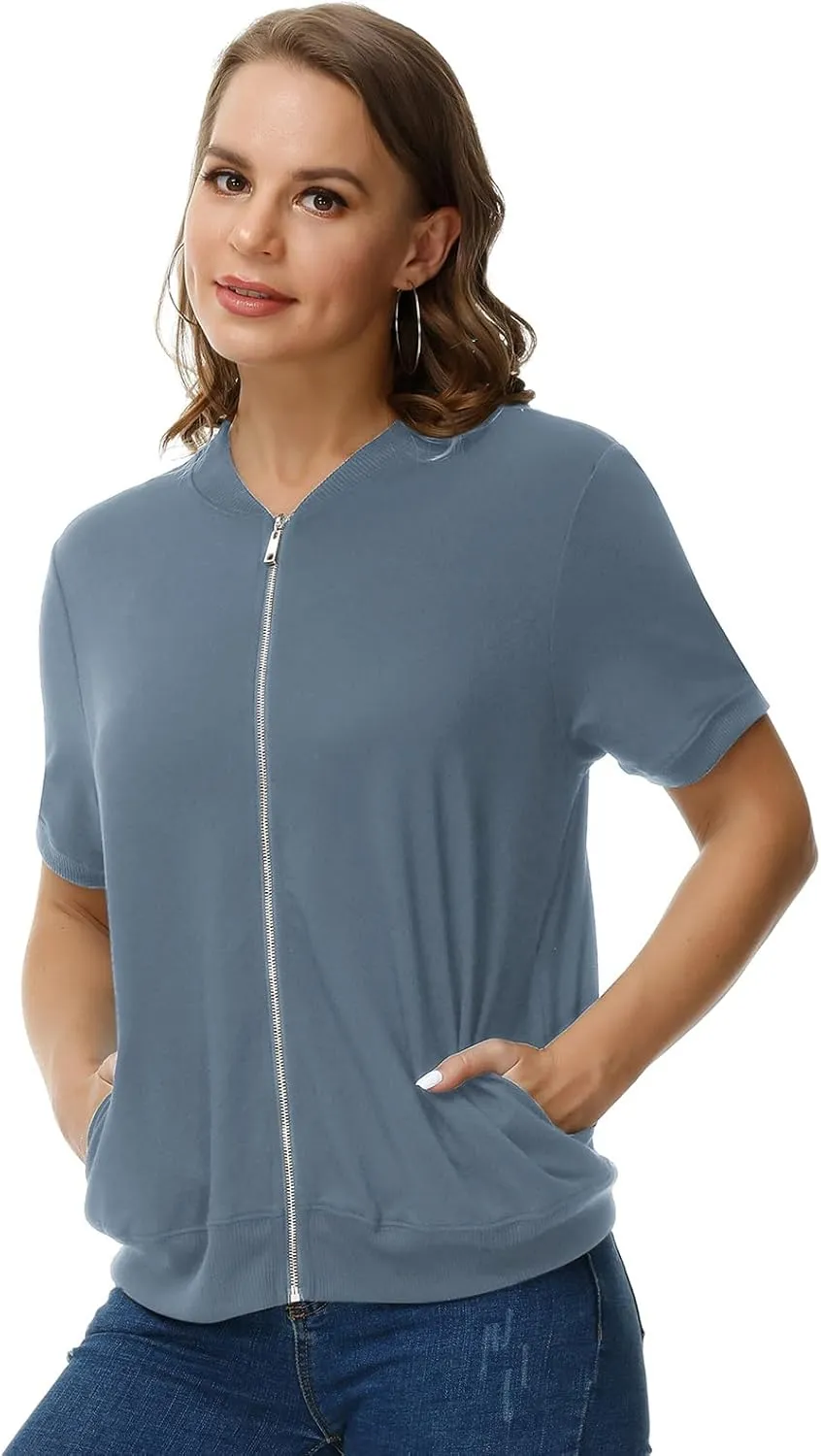 KANCY KOLE Womens Short Sleeve Jackets Casual Zip Up Sweatshirt Jackets with Pockets Summer Lightweight Coat Tops