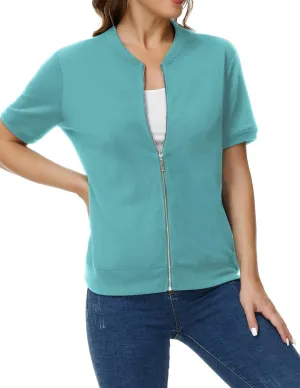 KANCY KOLE Womens Short Sleeve Jackets Casual Zip Up Sweatshirt Jackets with Pockets Summer Lightweight Coat Tops