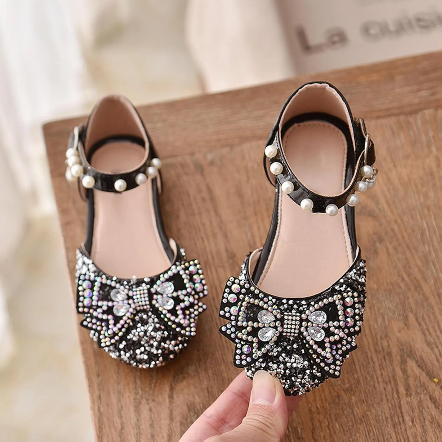 Kids Girls Mary Jane Ballerina Shoes hinestones Bowknot Flower Girls Wedding Pary Pearl Strap Dress Shoes
