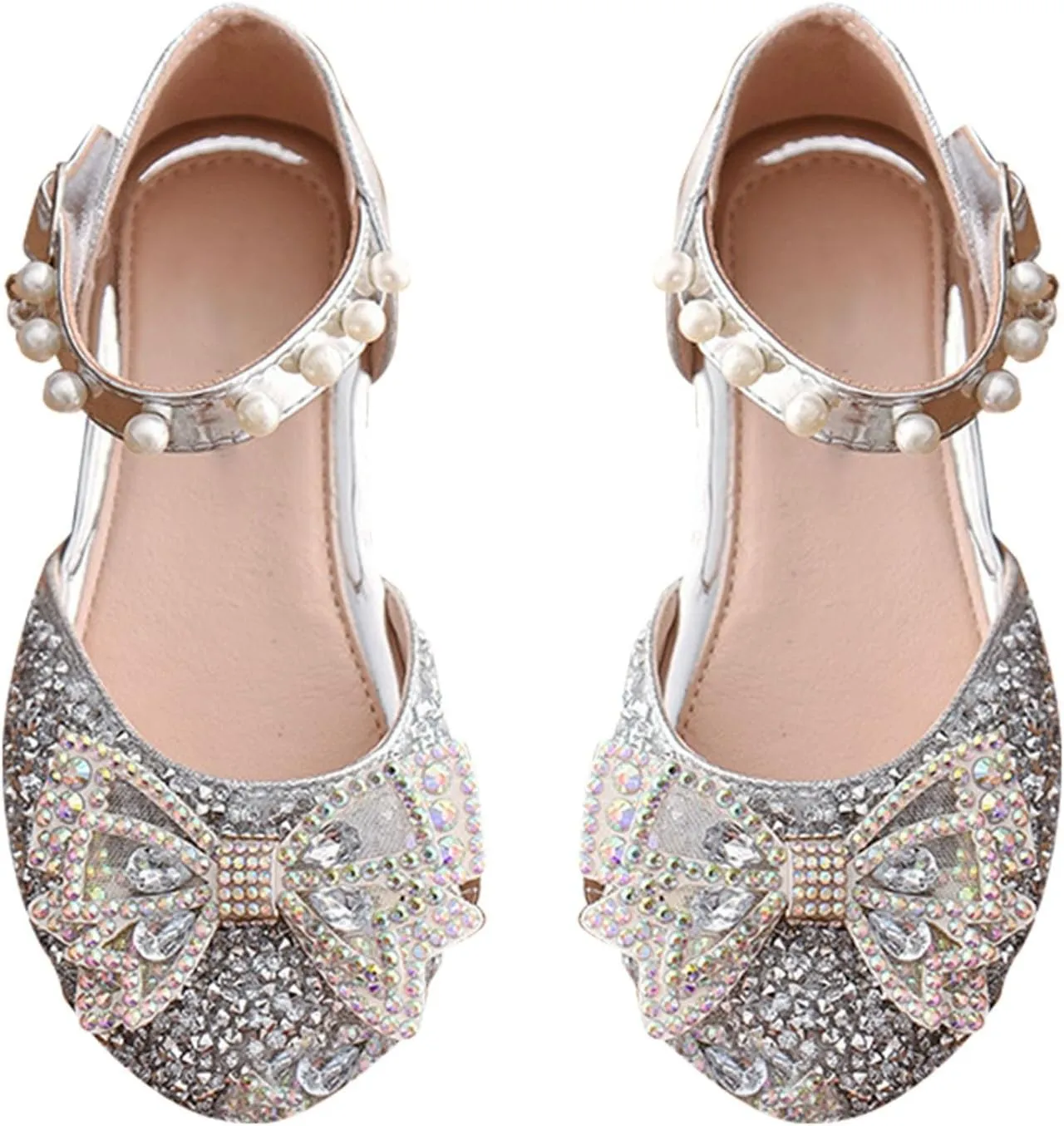 Kids Girls Mary Jane Ballerina Shoes hinestones Bowknot Flower Girls Wedding Pary Pearl Strap Dress Shoes