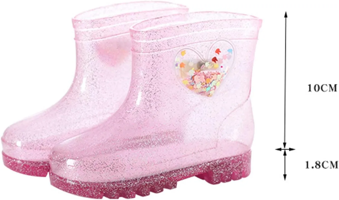 Kids Rain Boots, Toddler Waterproof Rubber Soft Sole Rain Boots for Girls Boys Heart Patterns Glitter Water Shoes