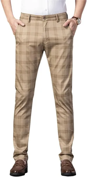 Kinghua Mens Plaid Pants Casual Stretch Slim Fit Dress Chinos Pants
