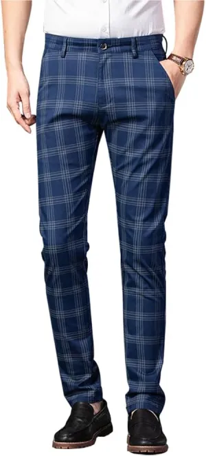 Kinghua Mens Plaid Pants Casual Stretch Slim Fit Dress Chinos Pants