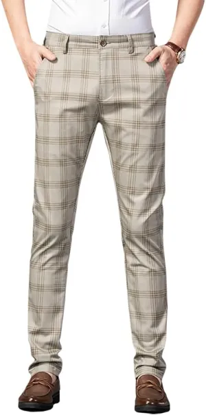 Kinghua Mens Plaid Pants Casual Stretch Slim Fit Dress Chinos Pants