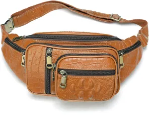 Leather Extra Large Fanny Pack Plus Size Sling Waist Pack Hip Belt Bag for Women and Men Crocodile Embossed Black(Brown Croco)