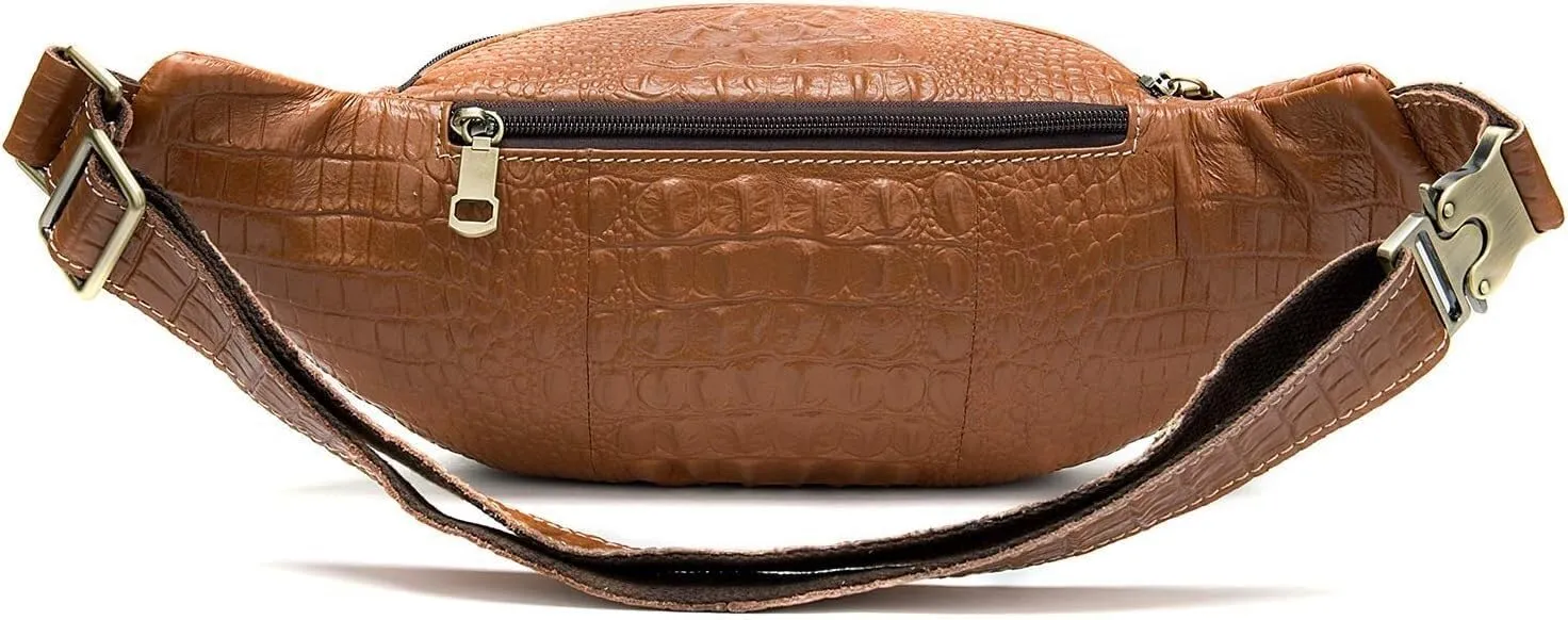 Leather Extra Large Fanny Pack Plus Size Sling Waist Pack Hip Belt Bag for Women and Men Crocodile Embossed Black(Brown Croco)
