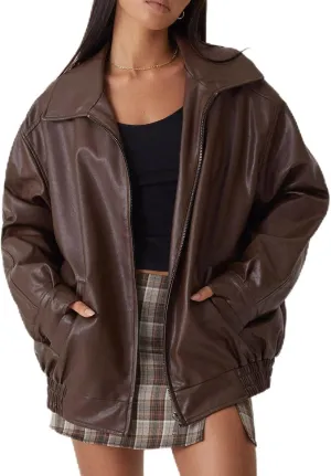 Leather Jackets for Women Solid Color Pu Motorcycle Ligjtweight Jacket Long Sleeve Full Zip Lapel Outdoor Outwear