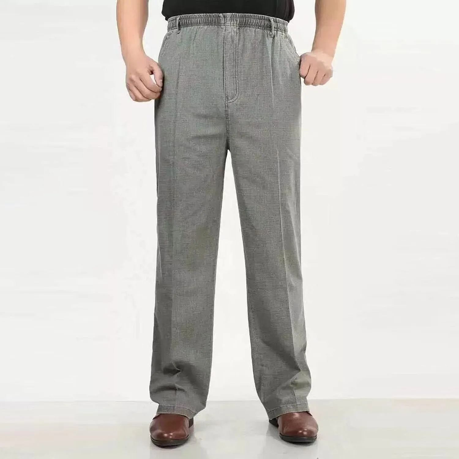 Linen Pants Men Big and Tall Elastic Waist Straight Wide Leg Baggy Trousers Plus Size Lightweight Slim Fit Casual Pants