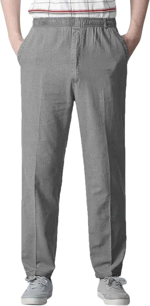 Linen Pants Men Big and Tall Elastic Waist Straight Wide Leg Baggy Trousers Plus Size Lightweight Slim Fit Casual Pants