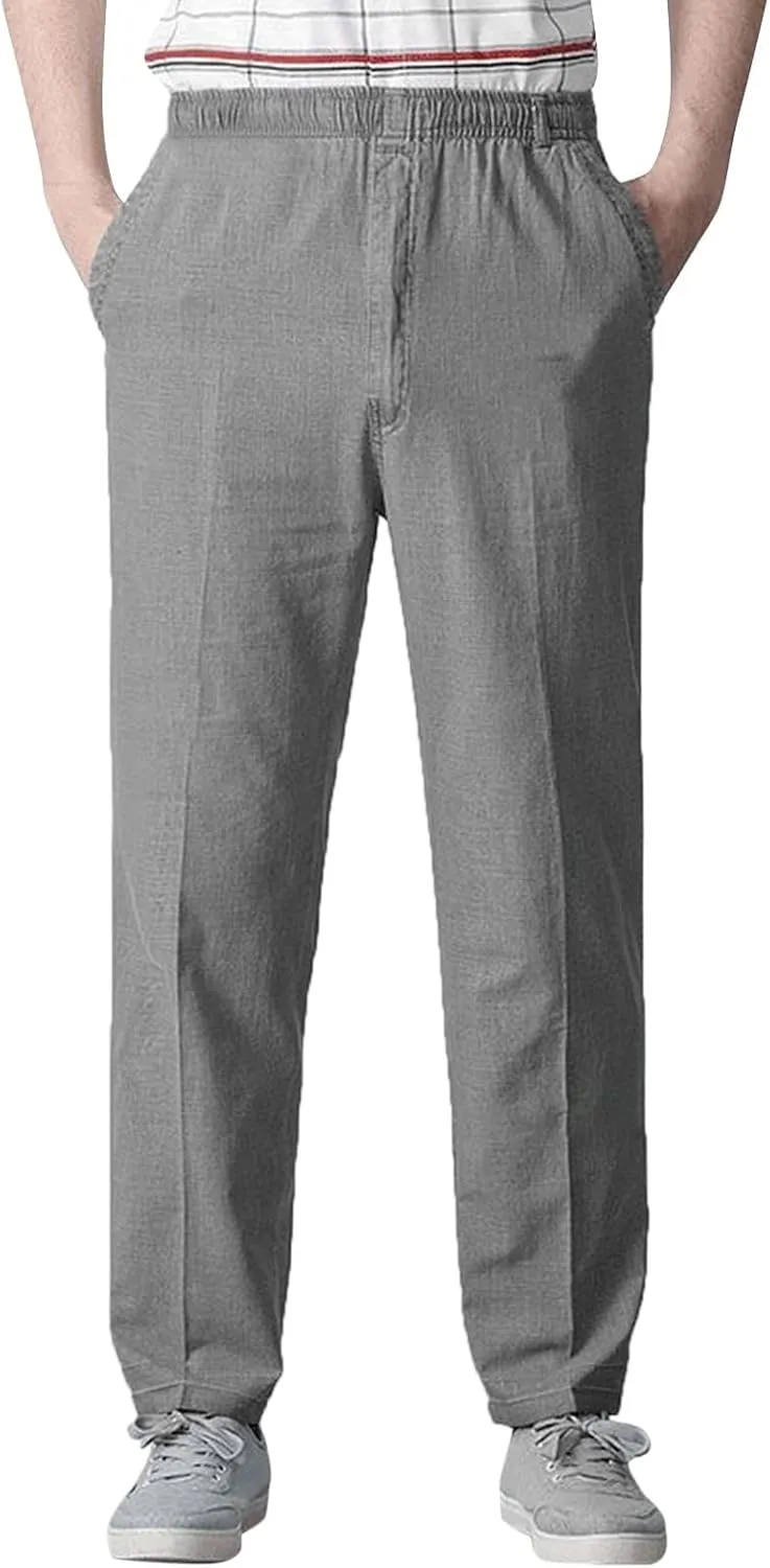 Linen Pants Men Big and Tall Elastic Waist Straight Wide Leg Baggy Trousers Plus Size Lightweight Slim Fit Casual Pants
