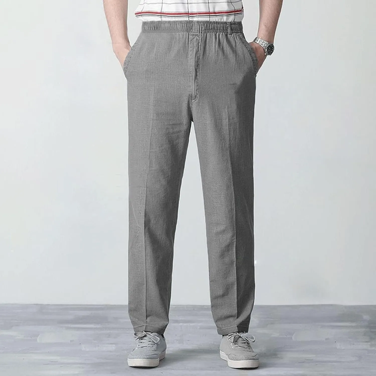Linen Pants Men Big and Tall Elastic Waist Straight Wide Leg Baggy Trousers Plus Size Lightweight Slim Fit Casual Pants