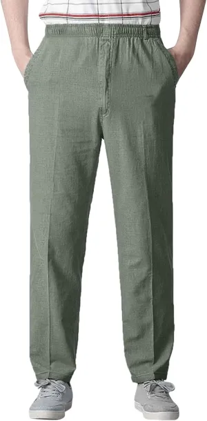 Linen Pants Men Big and Tall Elastic Waist Straight Wide Leg Baggy Trousers Plus Size Lightweight Slim Fit Casual Pants