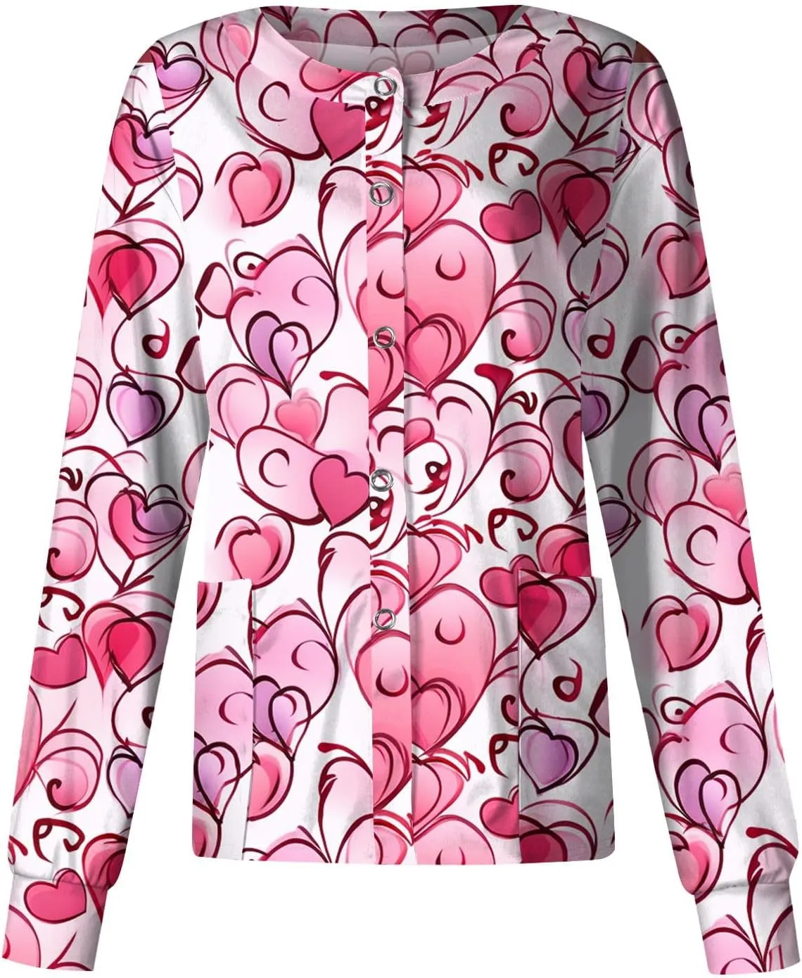 Long Sleeve Scrub Jackets Print Scrub Jackets for Women Snap Front Cute Animals Pattern Medical Nurse Working Uniforms