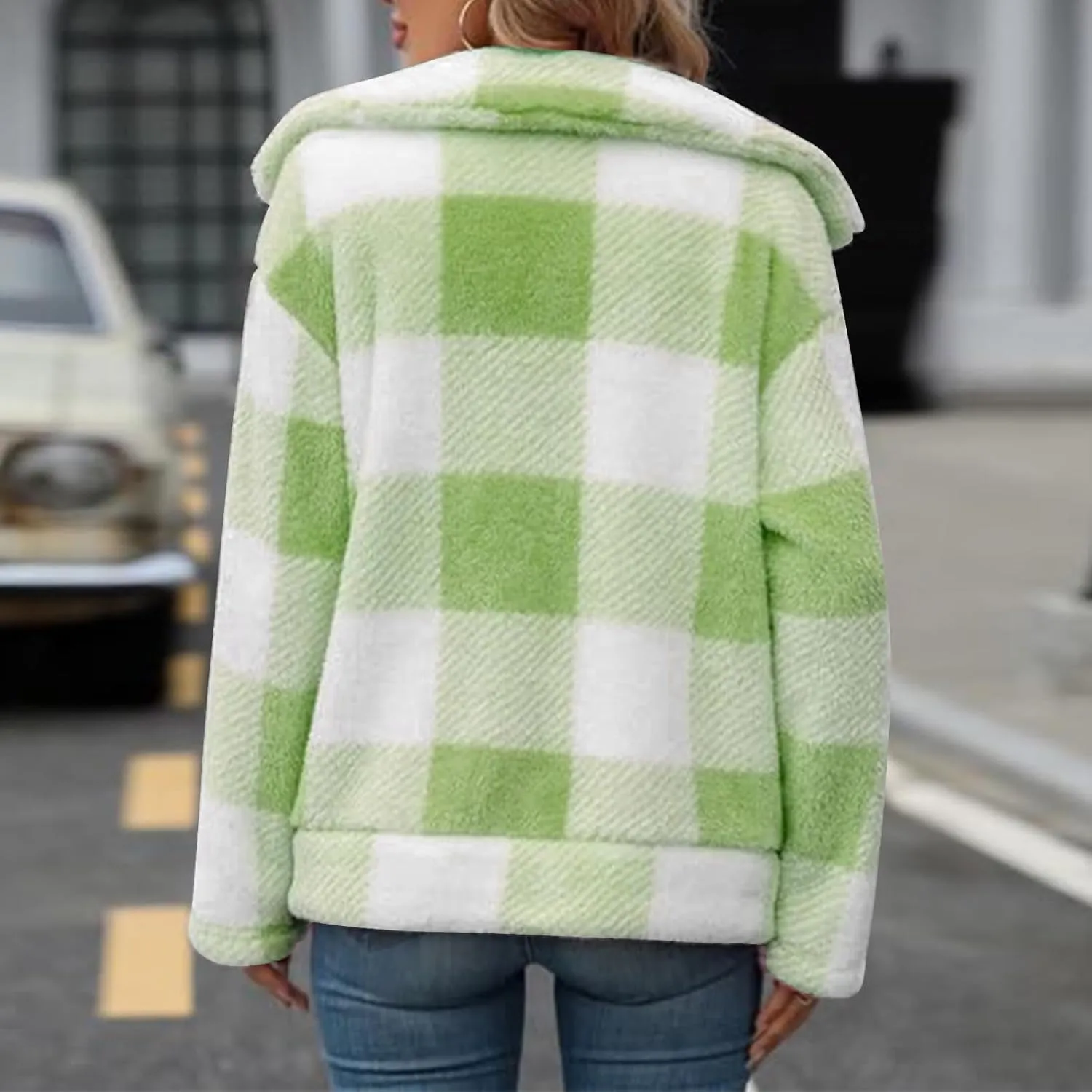 Long Winter Coats for Women Oversized Plaid Print Velvet Jackets Long Sleeve Zipper Cardigan Winter Coat Outerwear