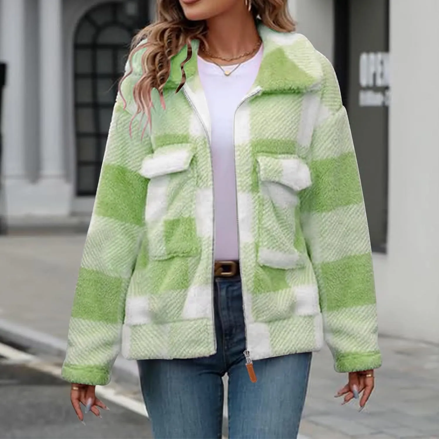 Long Winter Coats for Women Oversized Plaid Print Velvet Jackets Long Sleeve Zipper Cardigan Winter Coat Outerwear