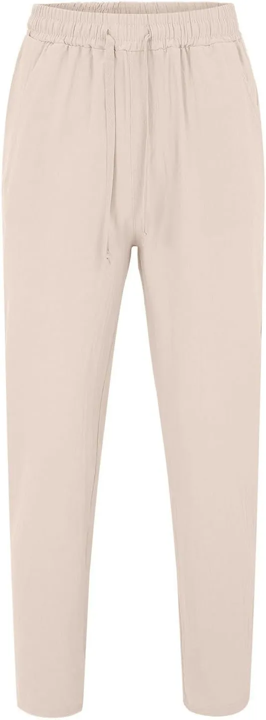 Lounge Pants for Men Relaxed Fit Elastic Waist Solid Summer Beach Pants Lightweight Comfy Breathable Cotton and Linen Pants