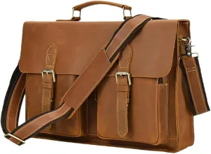Luxury 100% Genuine Leather Men 15.6" Briefcase Cow Leather Laptop Bag Vintage Shoulder Bag Computer Bag