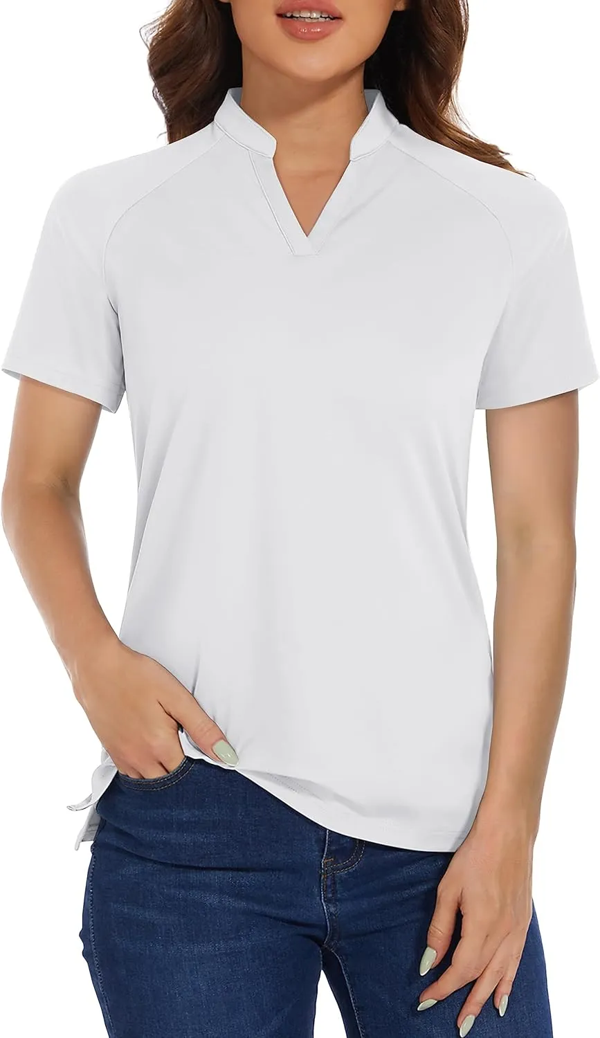 MAGCOMSEN Women's Golf Polo Shirts UPF 50  V Neck Collarless Short Sleeve Shirts Quick Dry Tennis T-Shirts