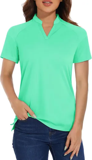 MAGCOMSEN Women's Golf Polo Shirts UPF 50  V Neck Collarless Short Sleeve Shirts Quick Dry Tennis T-Shirts