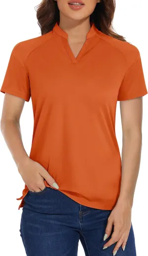 MAGCOMSEN Women's Golf Polo Shirts UPF 50  V Neck Collarless Short Sleeve Shirts Quick Dry Tennis T-Shirts