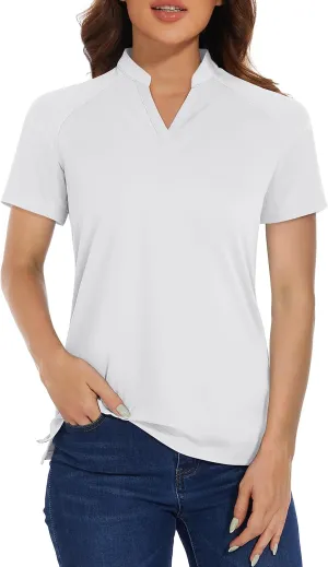 MAGCOMSEN Women's Golf Polo Shirts UPF 50  V Neck Collarless Short Sleeve Shirts Quick Dry Tennis T-Shirts
