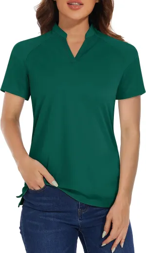 MAGCOMSEN Women's Golf Polo Shirts UPF 50  V Neck Collarless Short Sleeve Shirts Quick Dry Tennis T-Shirts
