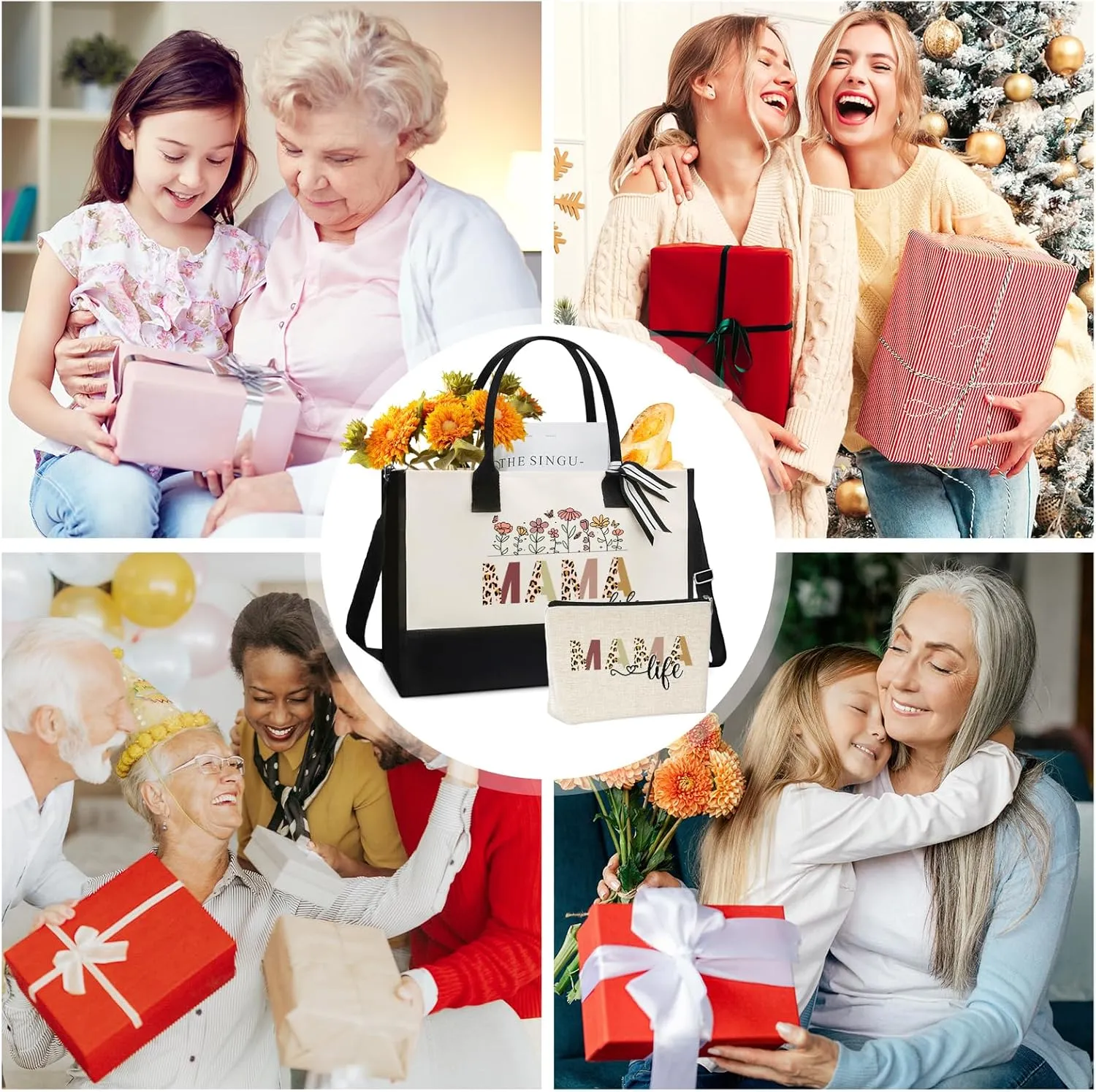 Mama Canvas Tote Bag - 2pcs Appreciation Gifts for Mom Women Floral Totes with Portable Makeup Bags Gift Set for Mother'S Day Thanks Birthday Present Christimas Holiday Travel Accessories